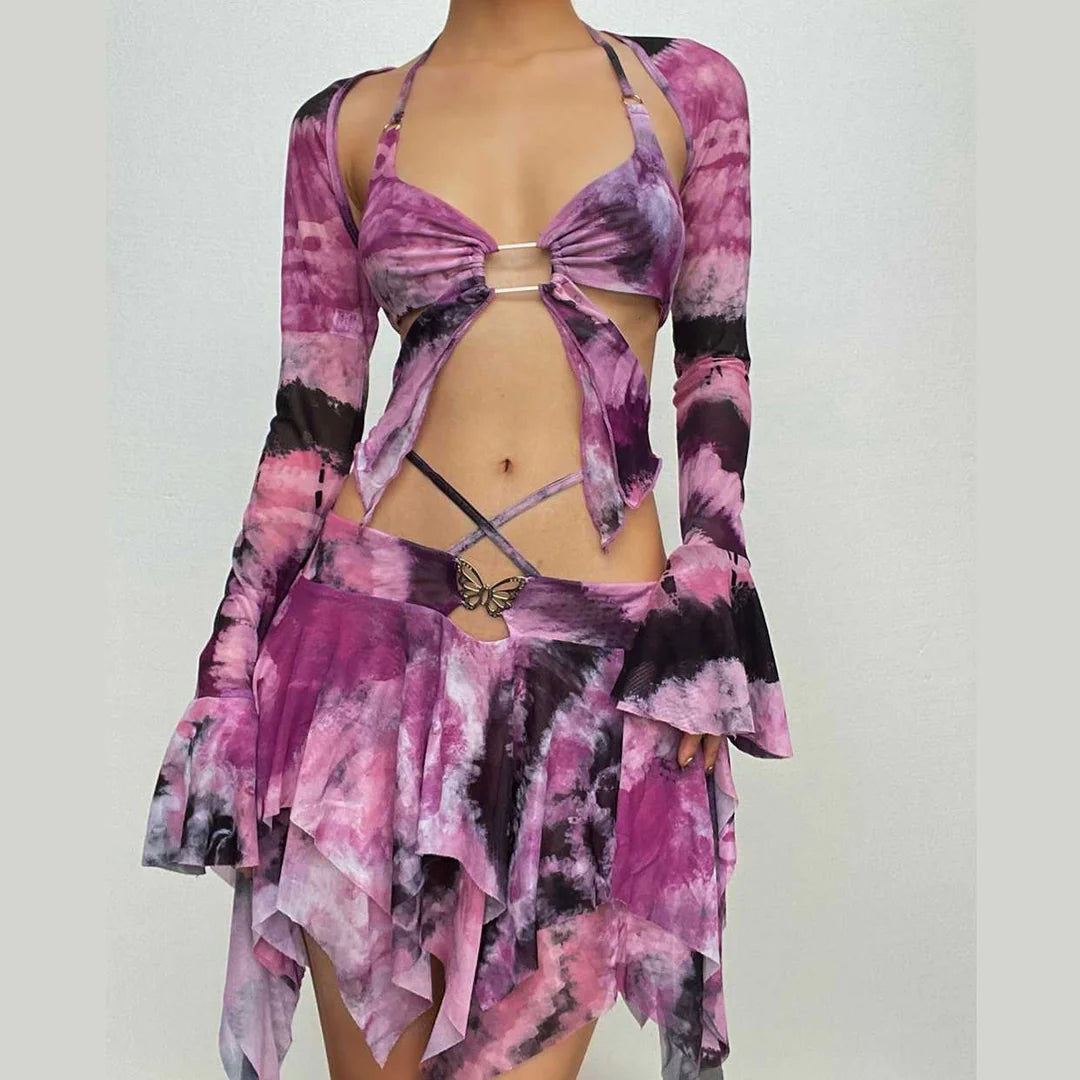 Flared sleeve tie dye o ring self tie halter low cut mini skirt set