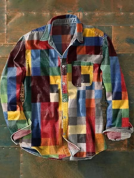 Unisex Simple Rainbow Color Plaid Vintage Printed Lapel Long-Sleeve Pocket Shirt