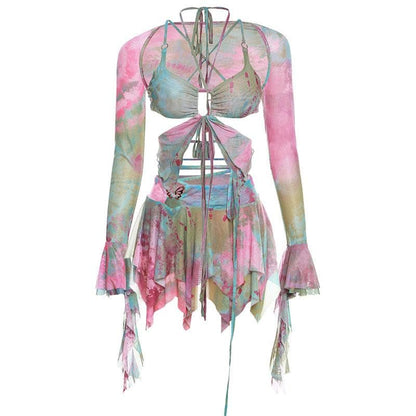 Flared sleeve tie dye o ring self tie halter low cut mini skirt set